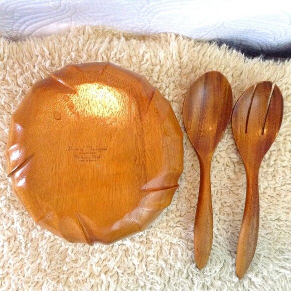 VINTAGE MCM Salad Serving Set; Monkey Pod Wood, Hawaiian; Mid Century Dinnerware - Picture 4 of 4